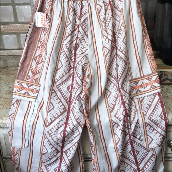 Free People Movement Visionary Printed Pants Elastic Waist Geo Print Ivory Rust - Picture 6 of 6